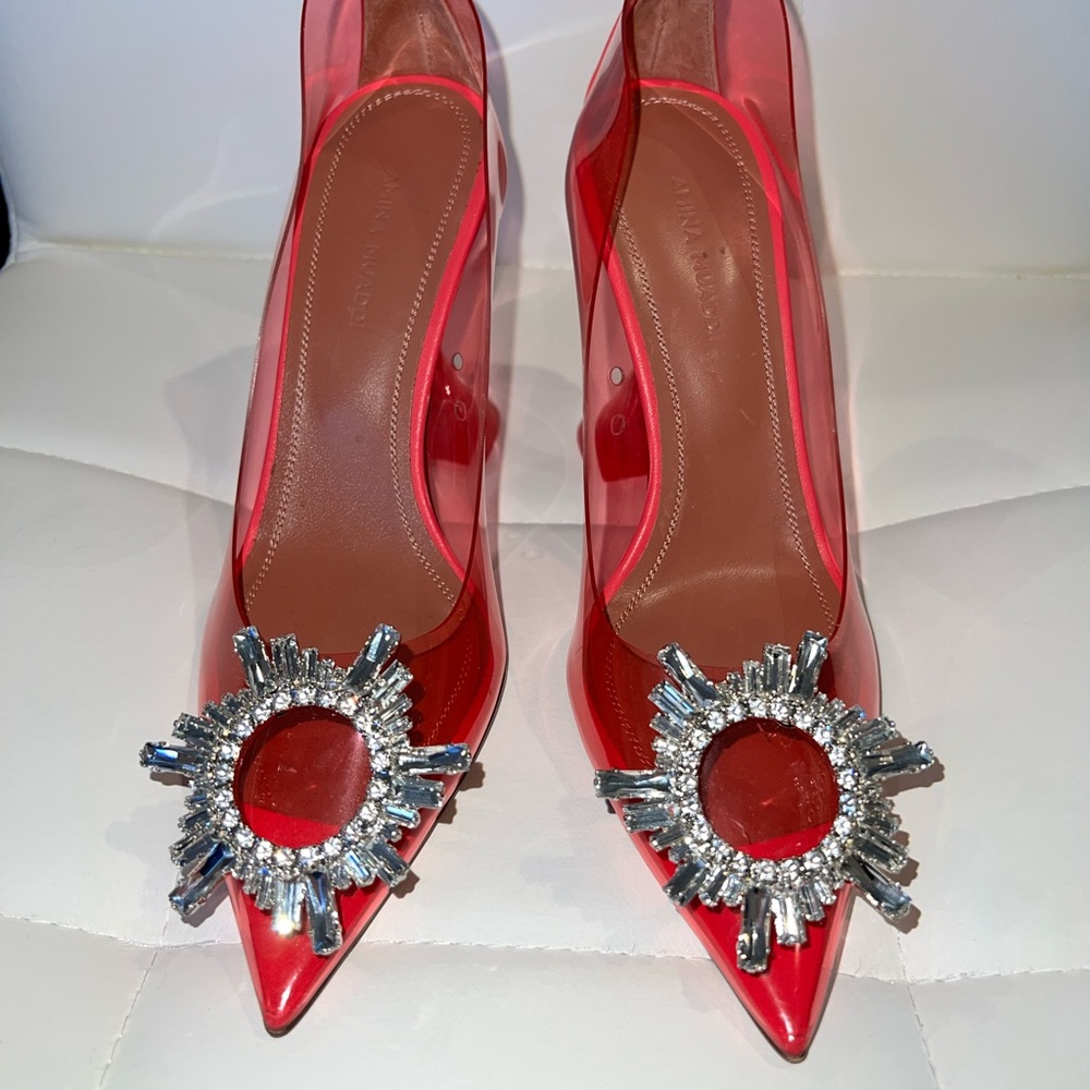 NWOT:Amina Muaddi Begum Embellished Transparent Pumps